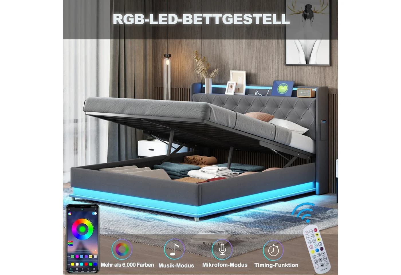 STILVORA Polsterbett Stauraumbett 140x200 Grau mit LED und USB - Bild 3