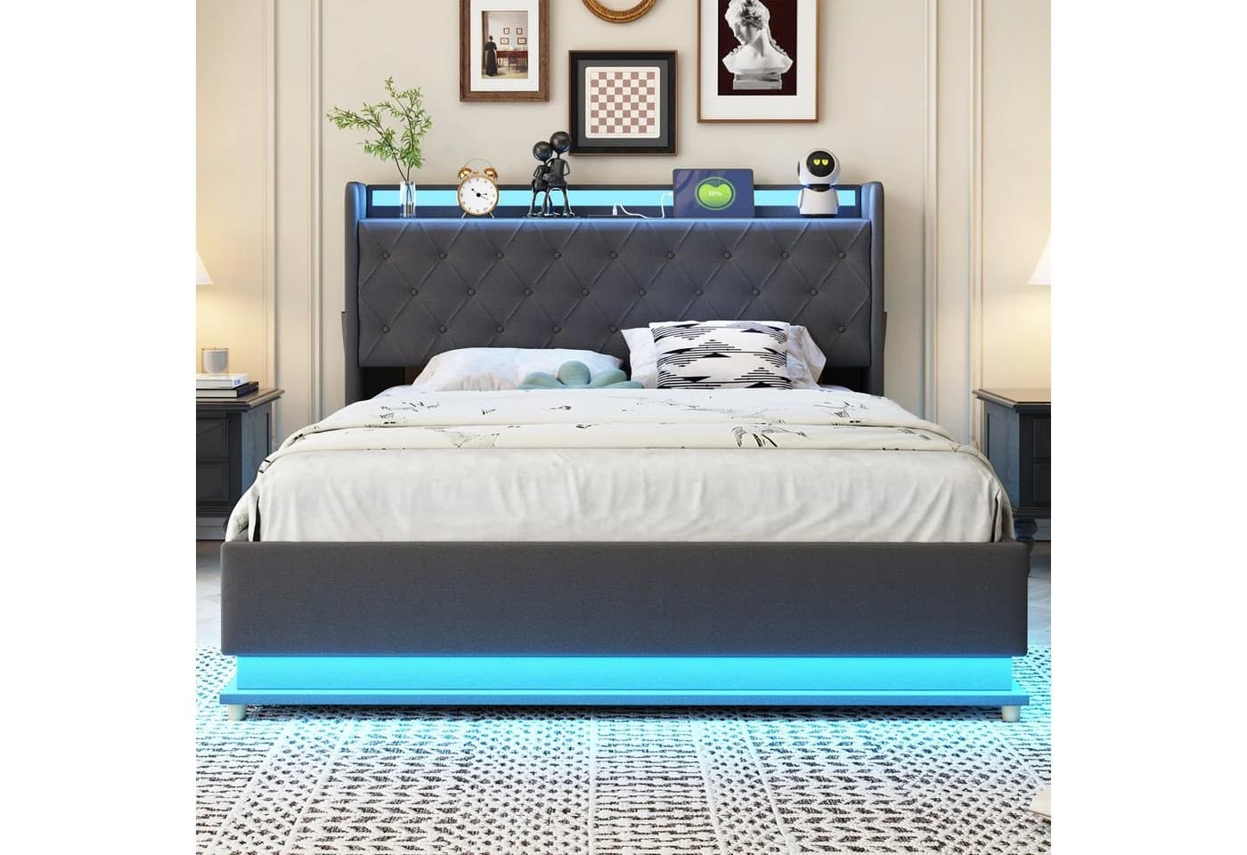 STILVORA Polsterbett Stauraumbett 140x200 Grau mit LED und USB - Bild 5
