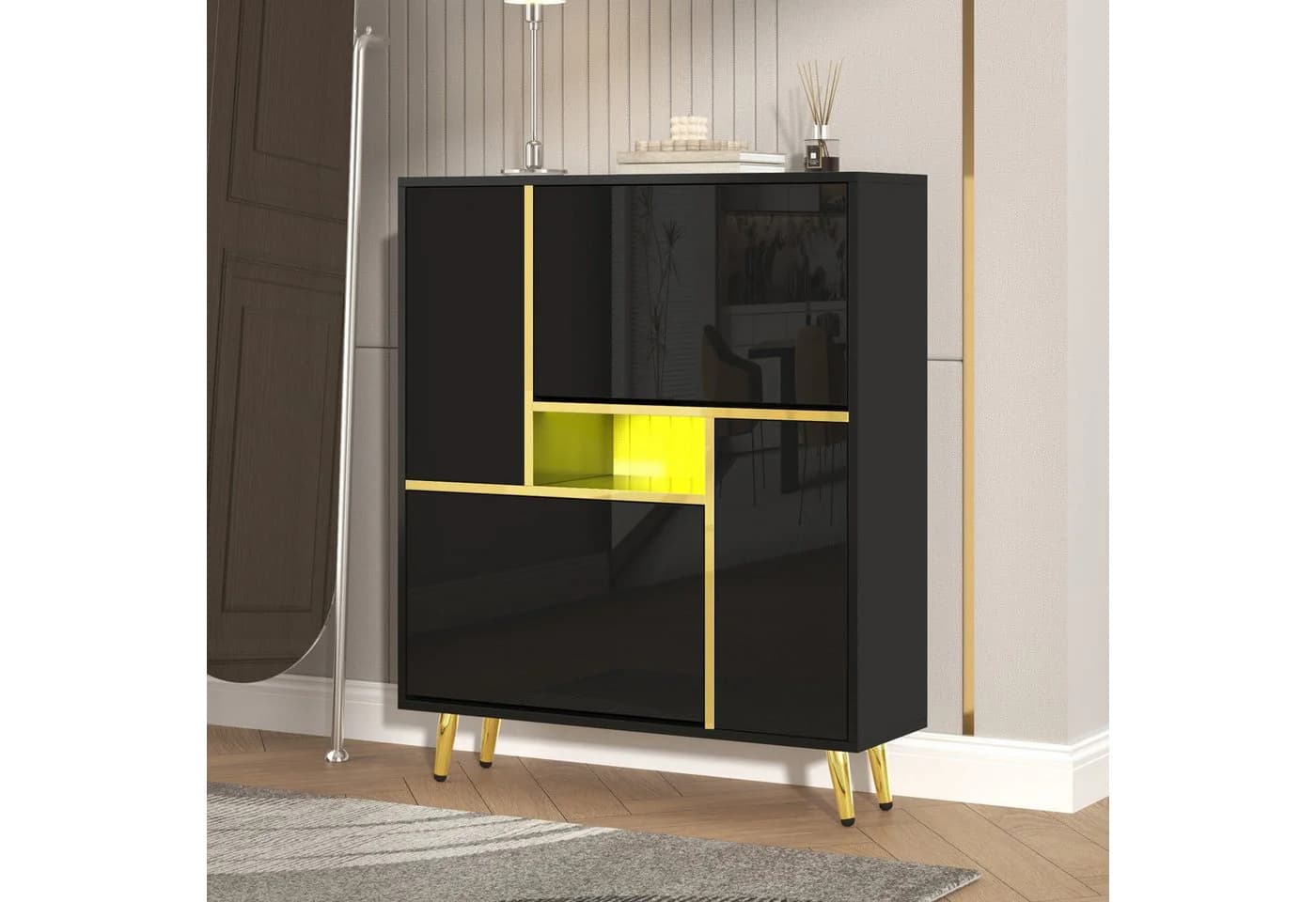 STILVORA Schuhschrank mit LED-Beleuchtung, Schwarz, Hochglanzfront