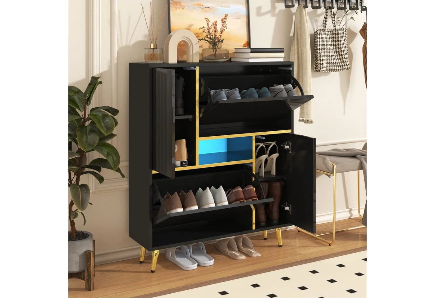 STILVORA Schuhschrank mit LED-Beleuchtung, Schwarz, Hochglanzfront - Bild 3