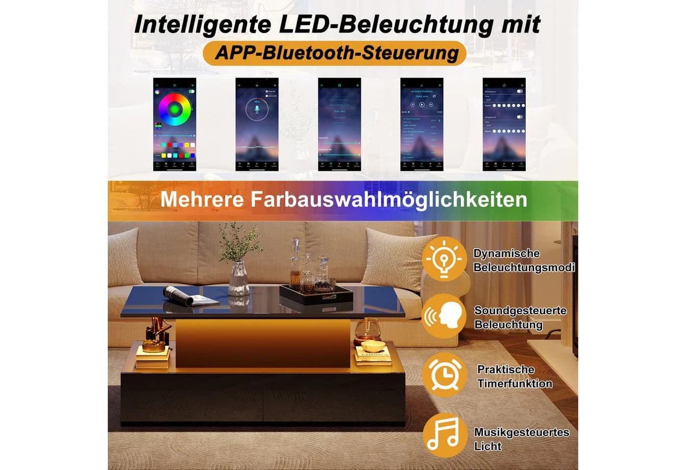 STILVORA Couchtisch Schwarz mit LED & Stauraum - Bild 5