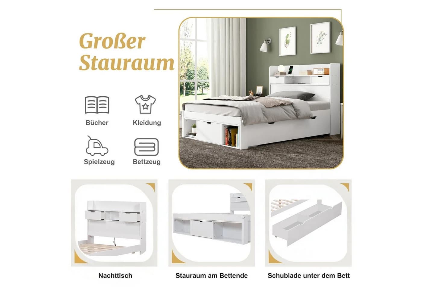 STILVORA Jugendbett 90x200 mit USB-Anschluss & Stauraum - Bild 5