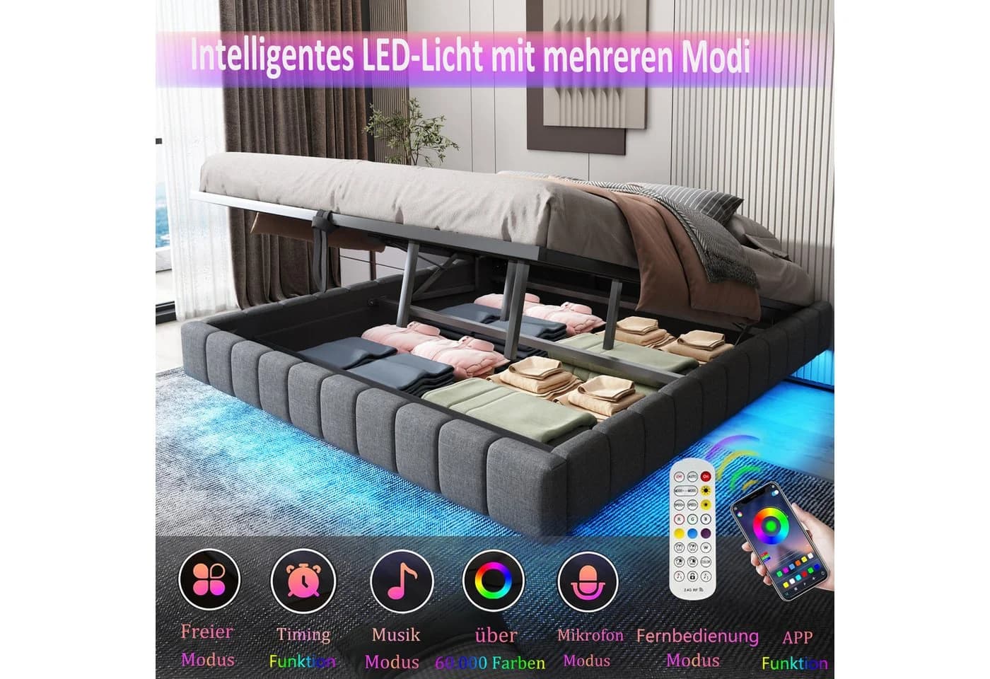 STILVORA Polsterbett 160x200 LED-Licht Grau - Bild 4