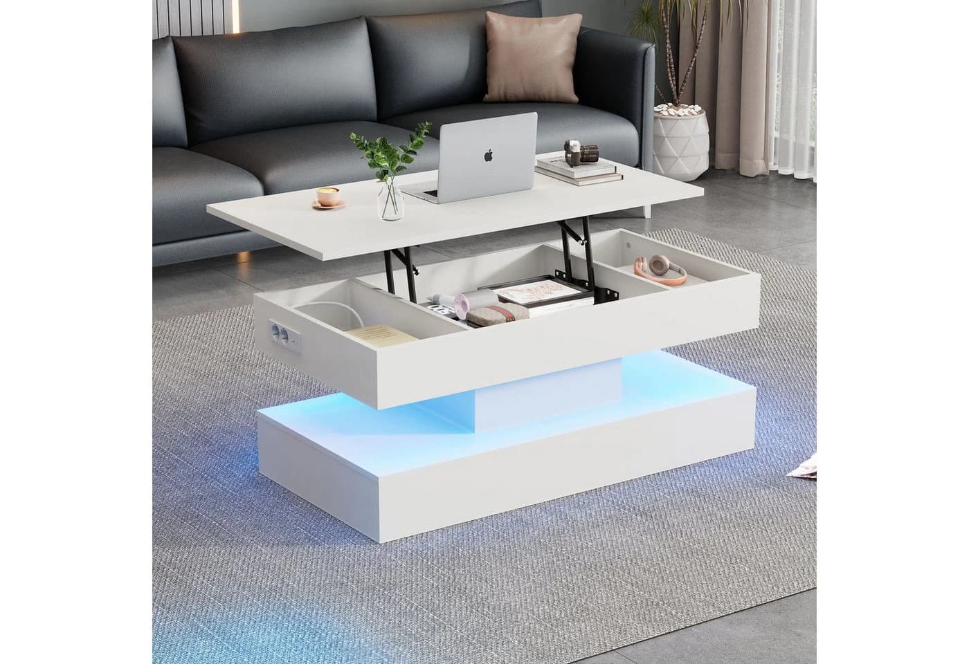 STILVORA Couchtisch Hebbarer Wohnezimmertisch LED-Beleuchtung Weiß - Bild 4
