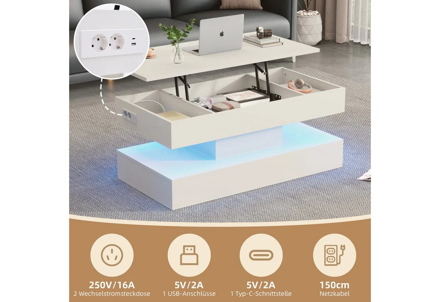 STILVORA Couchtisch Hebbarer Wohnezimmertisch LED-Beleuchtung Weiß - Bild 5