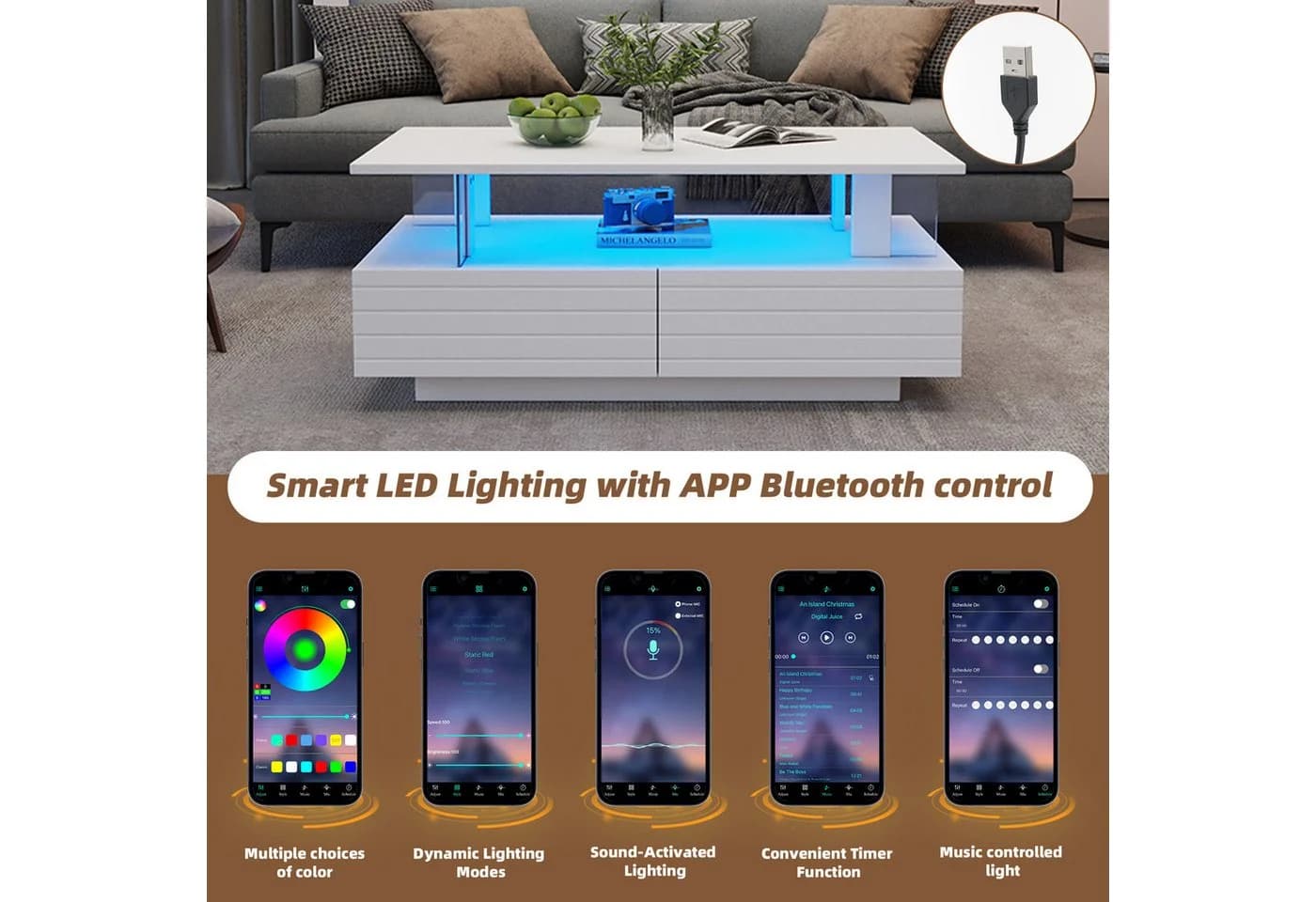 STILVORA Couchtisch Weiß Acryl LED mit Bluetooth-App-Steuerung - Bild 4