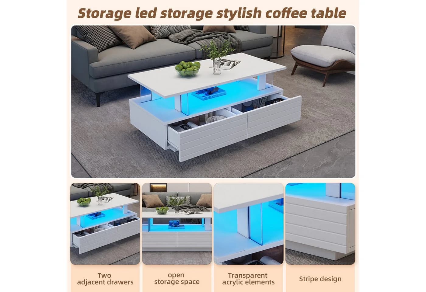 STILVORA Couchtisch Weiß Acryl LED mit Bluetooth-App-Steuerung - Bild 5