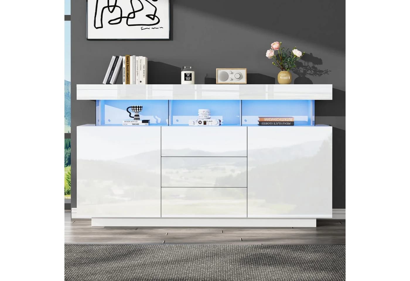 STILVORA Sideboard weiß mit LED-Beleuchtung und Schubladen