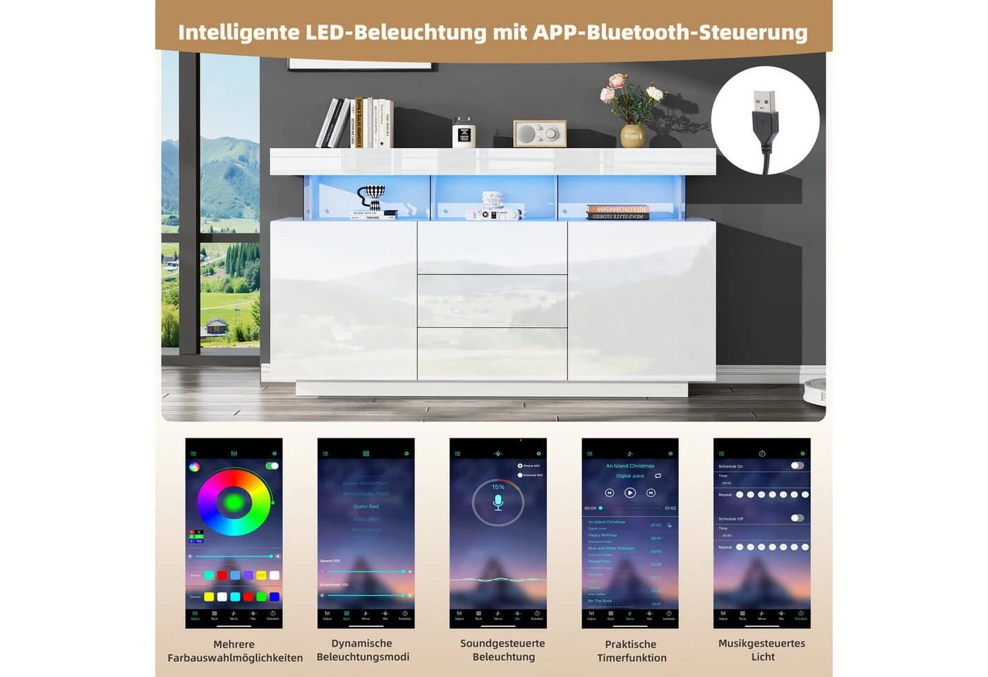 STILVORA Sideboard weiß mit LED-Beleuchtung und Schubladen - Bild 4