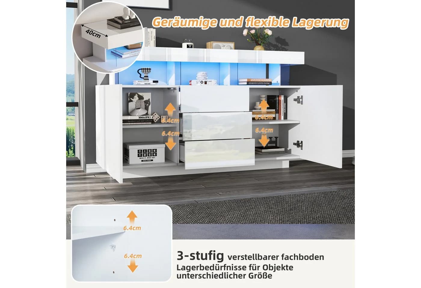 STILVORA Sideboard weiß mit LED-Beleuchtung und Schubladen - Bild 5