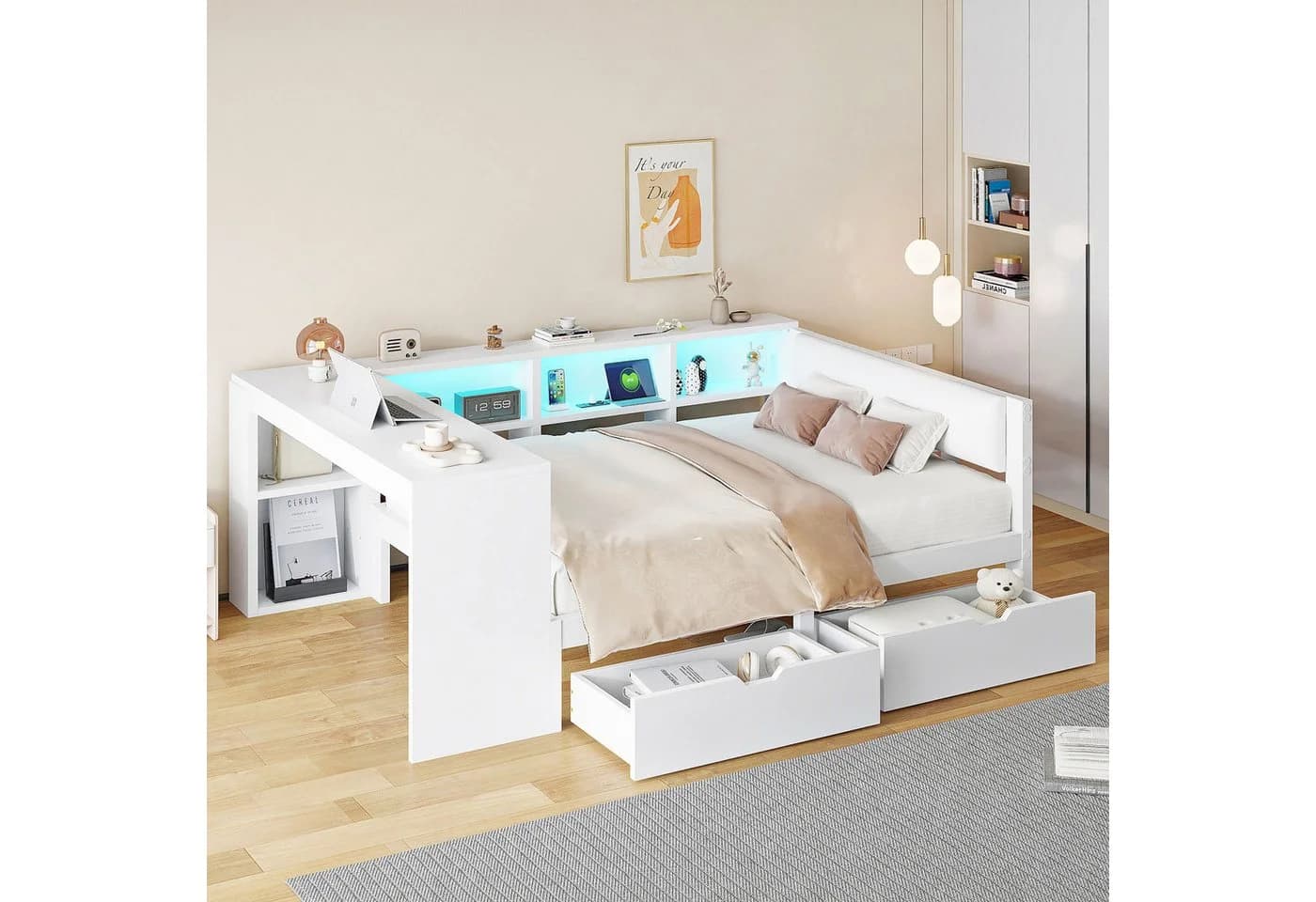 STILVORA Stauraumbett mit LED, Schubladen und Steckdosen Weiß - Bild 2