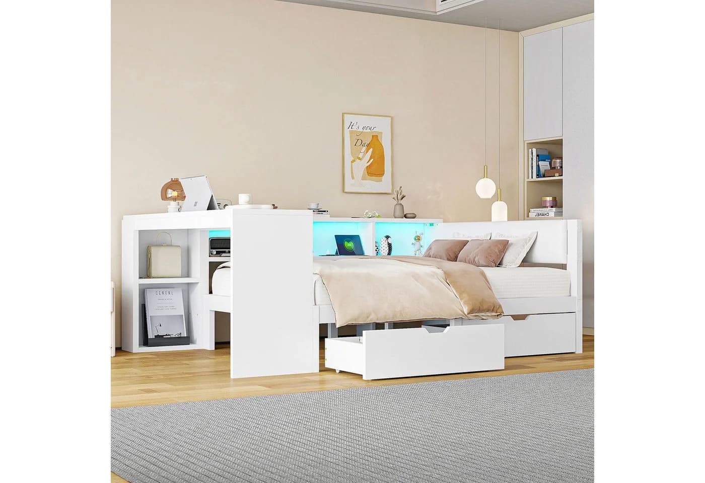 STILVORA Stauraumbett mit LED, Schubladen und Steckdosen Weiß - Bild 3