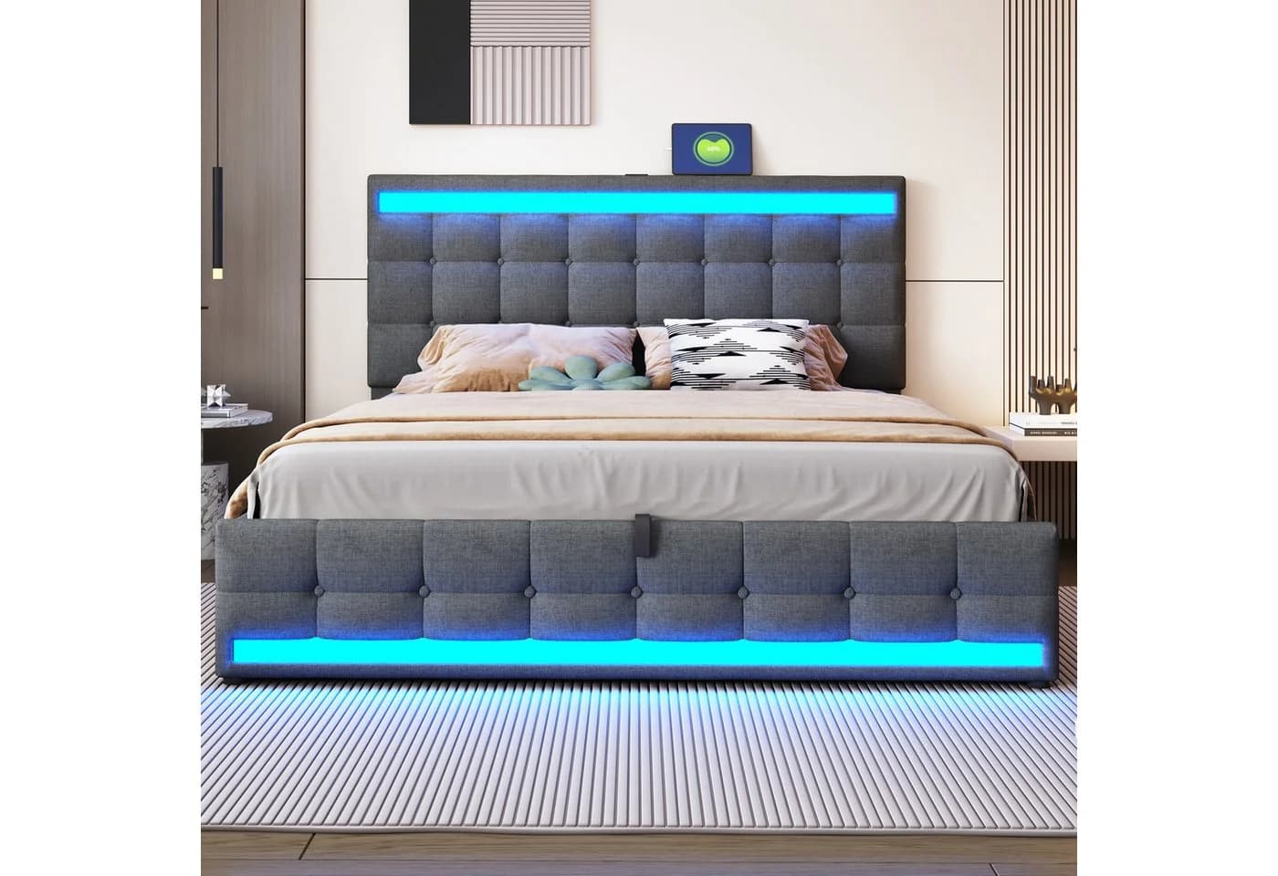 STILVORA Polsterbett 180x200 mit Stauraum, LED & USB