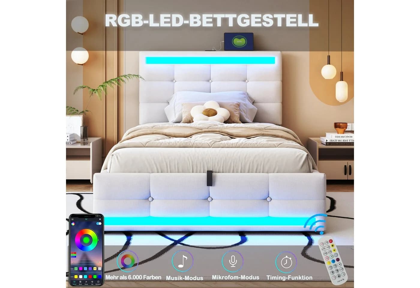 STILVORA Polsterbett 90x200 mit Stauraum und USB - Bild 5