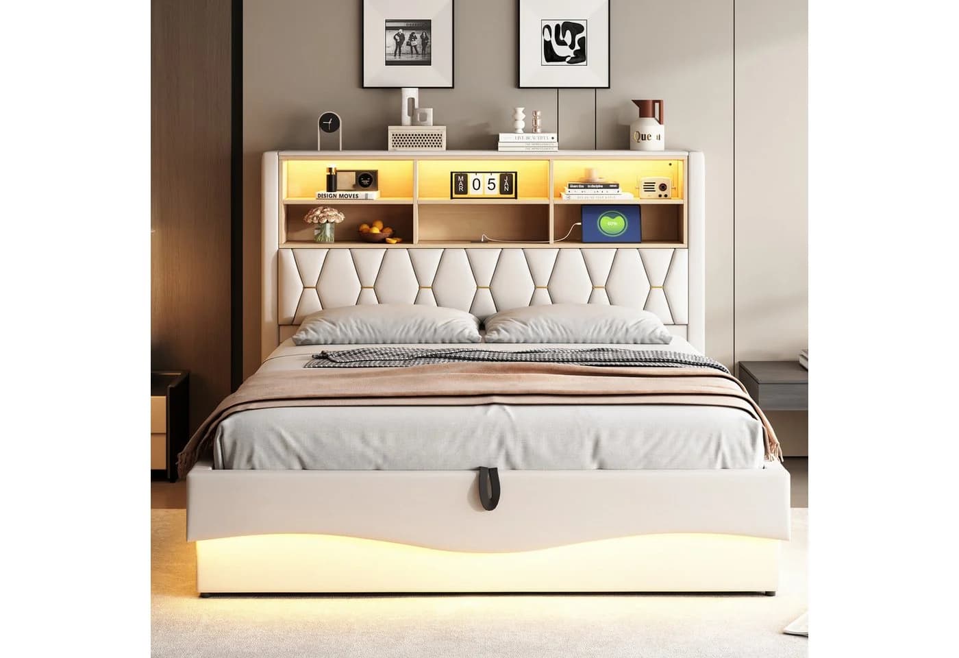STILVORA Polsterbett 180x200 mit LED-Licht USB Jugendbett Doppelbett mit Lattenrost Beige