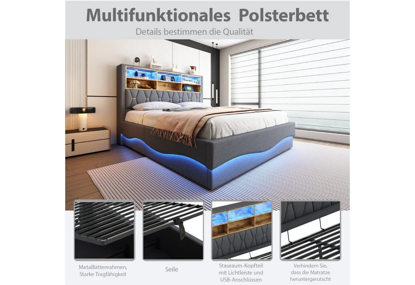 STILVORA Polsterbett 180x200 cm LED-Licht USB Jugendbett Doppelbett - Bild 5