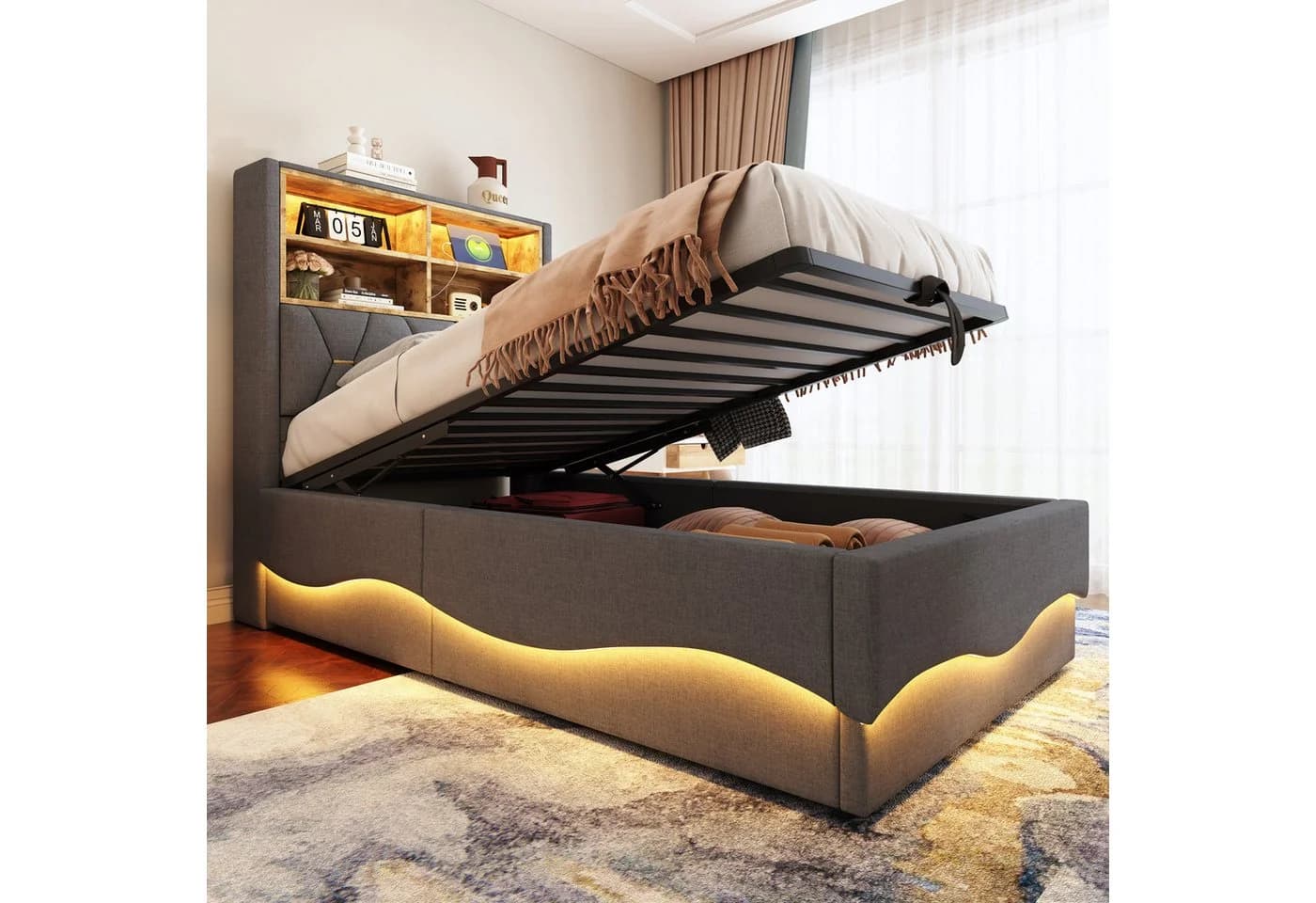 STILVORA Polsterbett 90x200 mit LED-Licht USB Jugendbett Einzelbett mit Lattenrost Grau - Bild 2