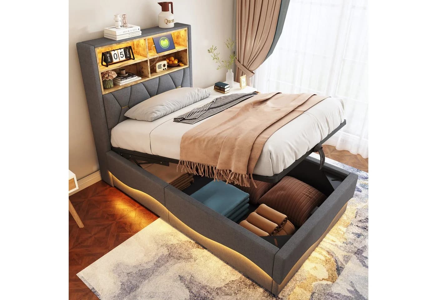 STILVORA Polsterbett 90x200 mit LED-Licht USB Jugendbett Einzelbett mit Lattenrost Grau - Bild 3