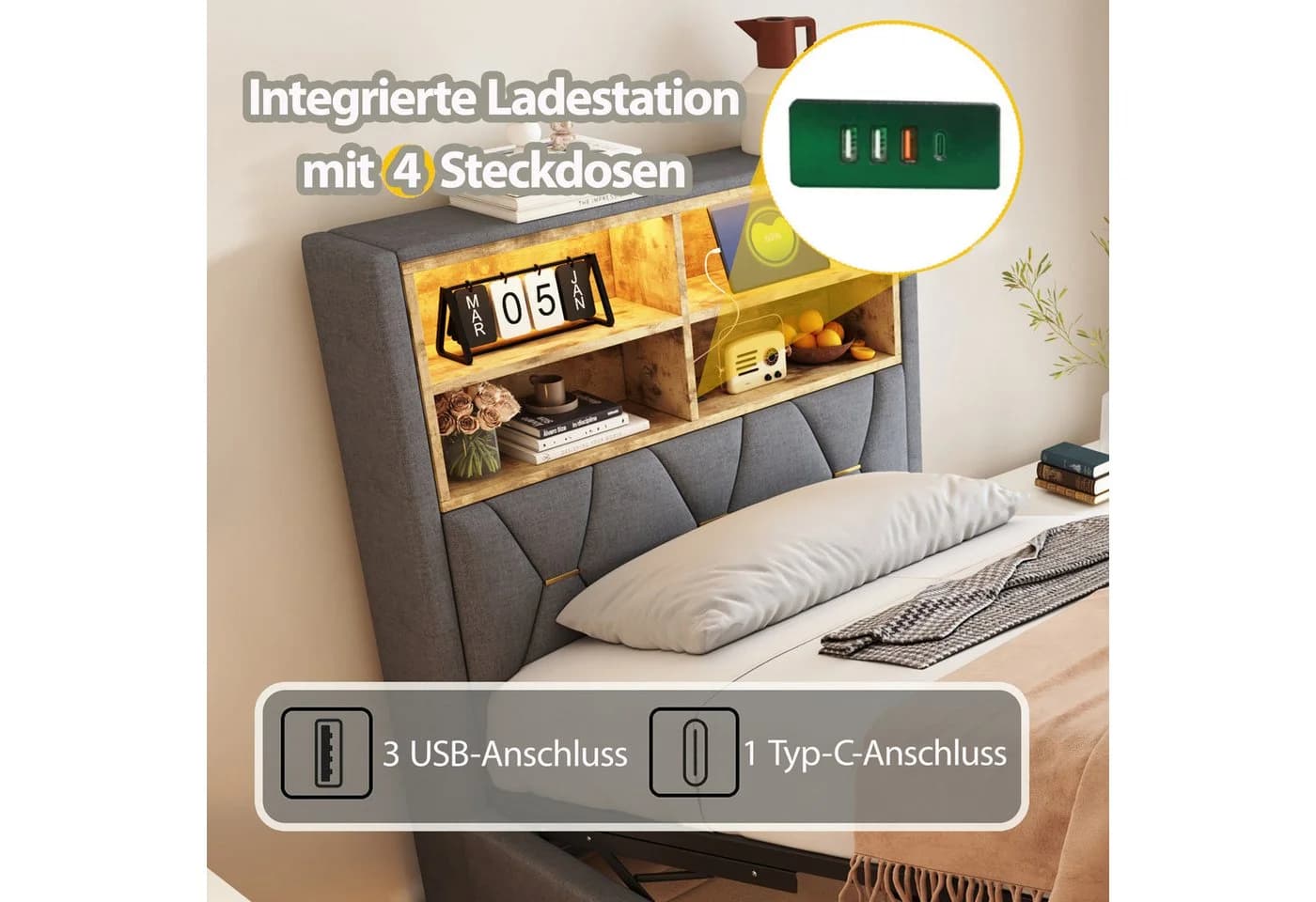 STILVORA Polsterbett 90x200 mit LED-Licht USB Jugendbett Einzelbett mit Lattenrost Grau - Bild 4