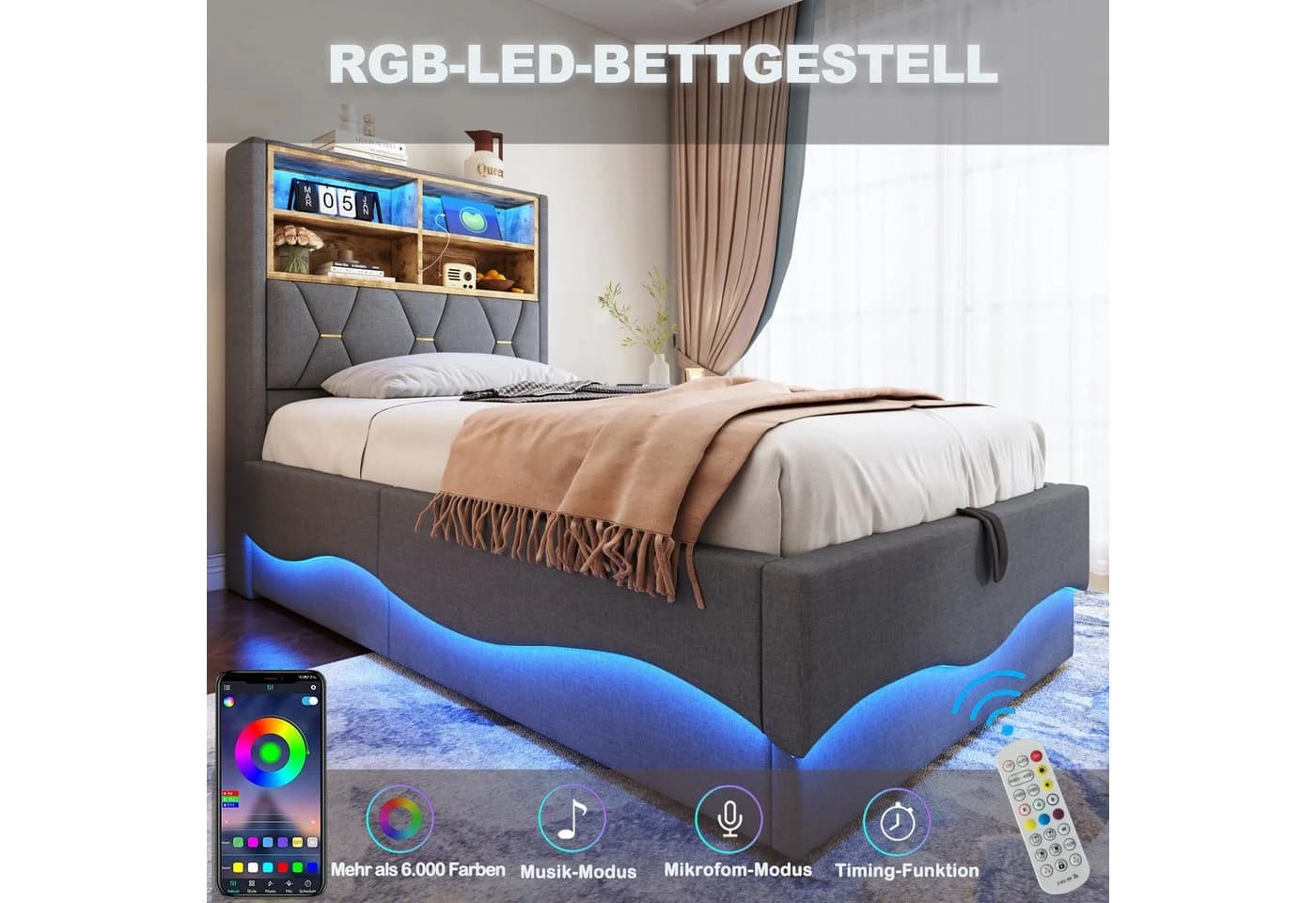 STILVORA Polsterbett 90x200 mit LED-Licht USB Jugendbett Einzelbett mit Lattenrost Grau - Bild 5