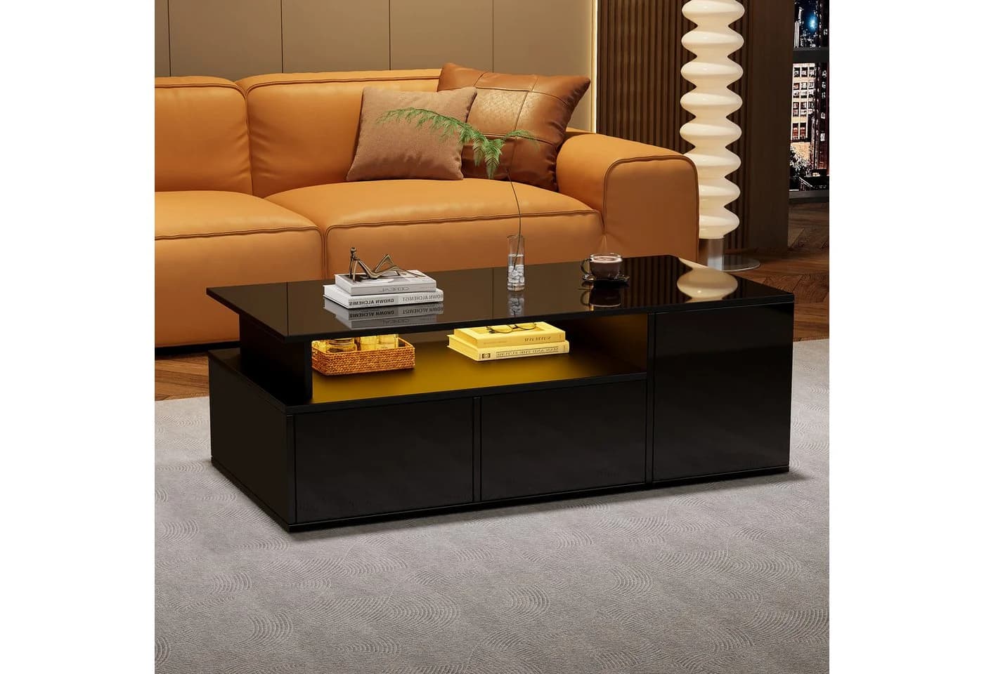 STILVORA Couchtisch Kaffeetisch Beistelltisch mit 2 Schubladen&LED-Licht, Sofatisch Schwarz - Bild 3