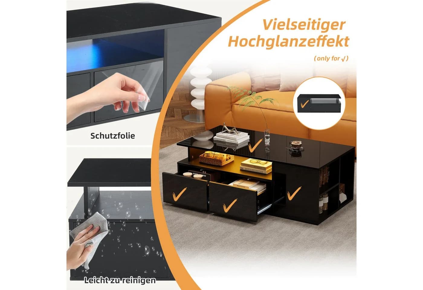 STILVORA Couchtisch Kaffeetisch Beistelltisch mit 2 Schubladen&LED-Licht, Sofatisch Schwarz - Bild 5
