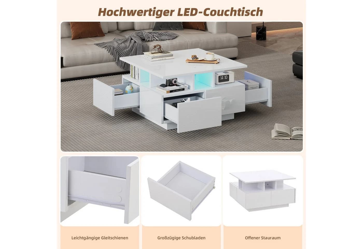 STILVORA Couchtisch Hochglanz Wohnzimmertisch mit LED-Licht - Bild 4