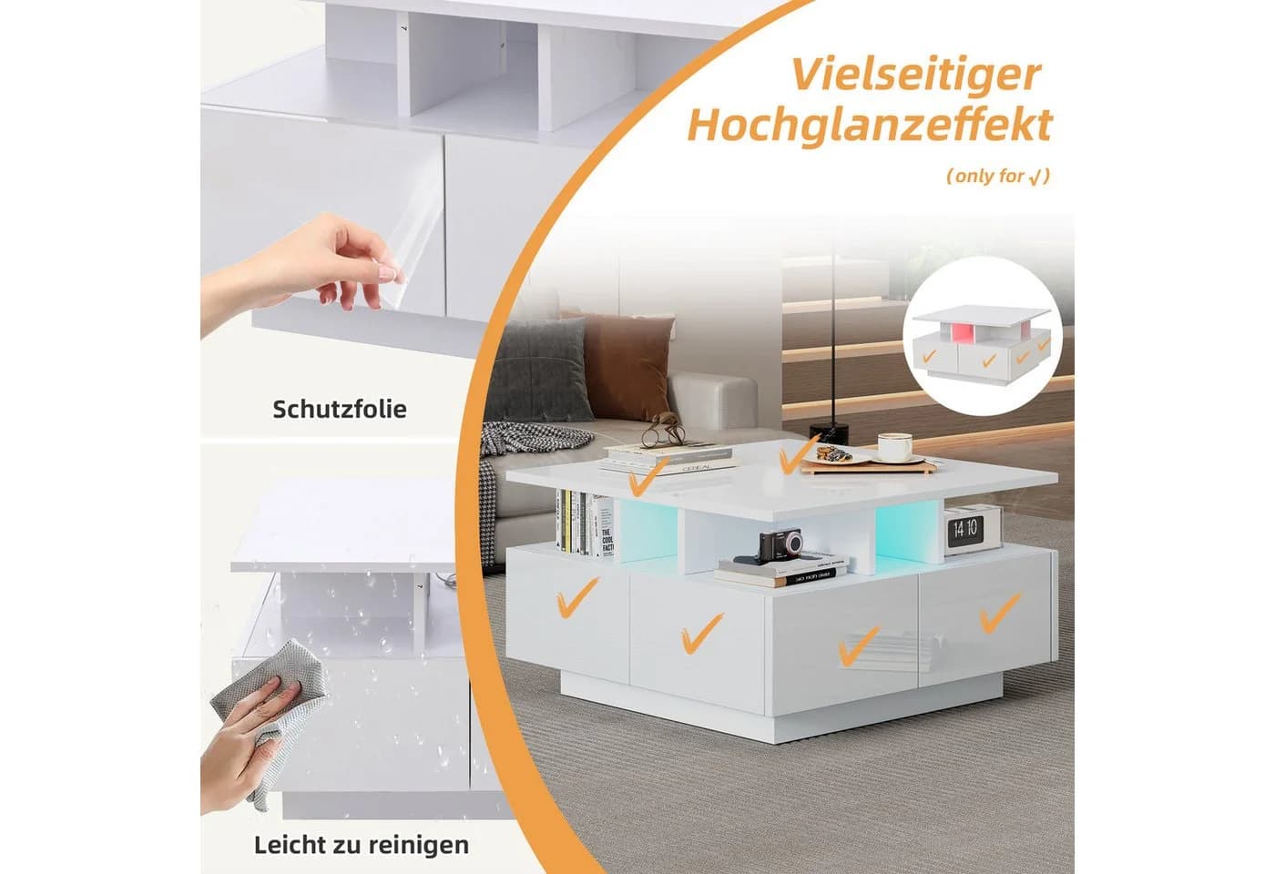 STILVORA Couchtisch Hochglanz Wohnzimmertisch mit LED-Licht - Bild 5
