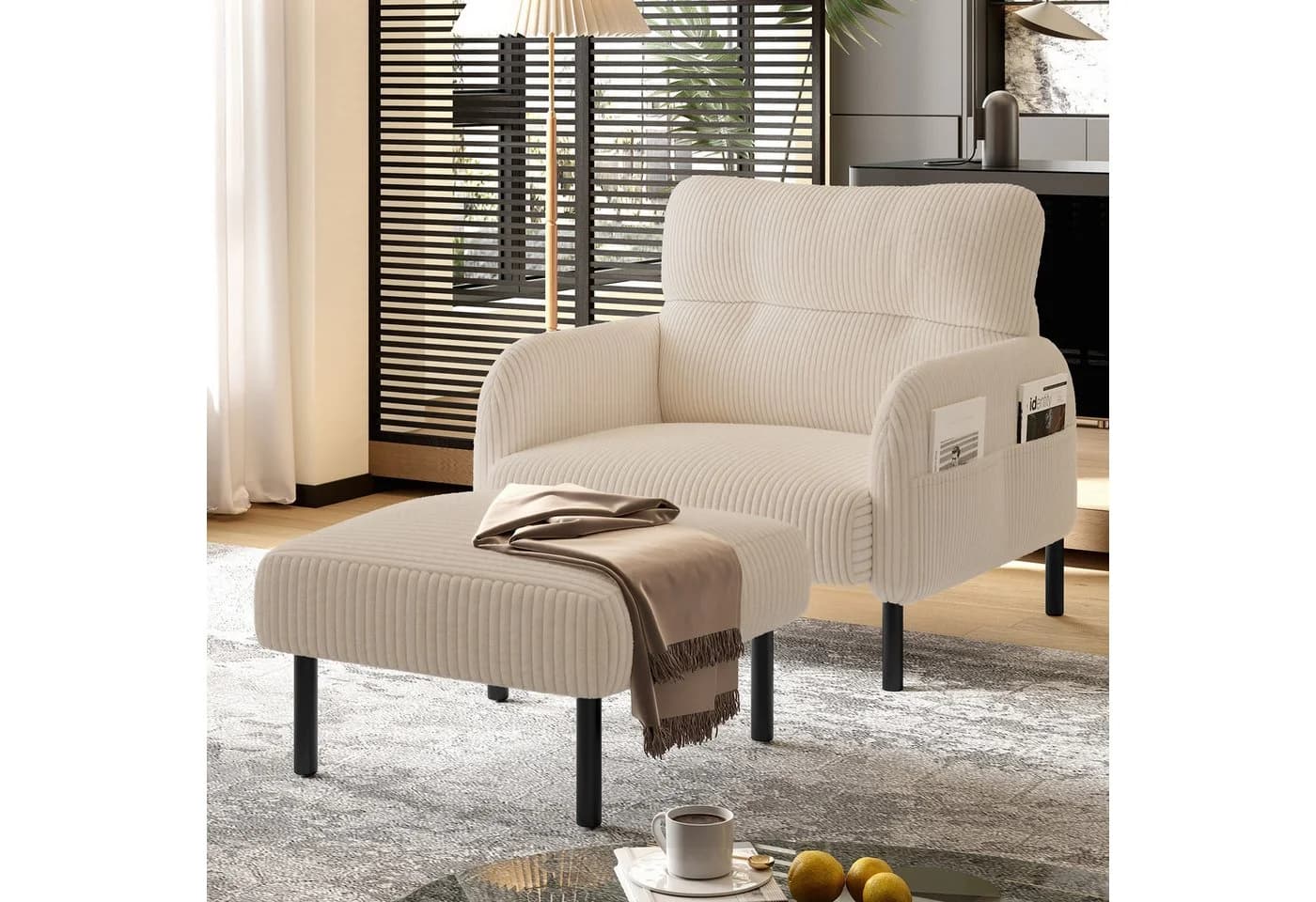 STILVORA Relaxsessel Cord Beige mit Seitentasche - Bild 3