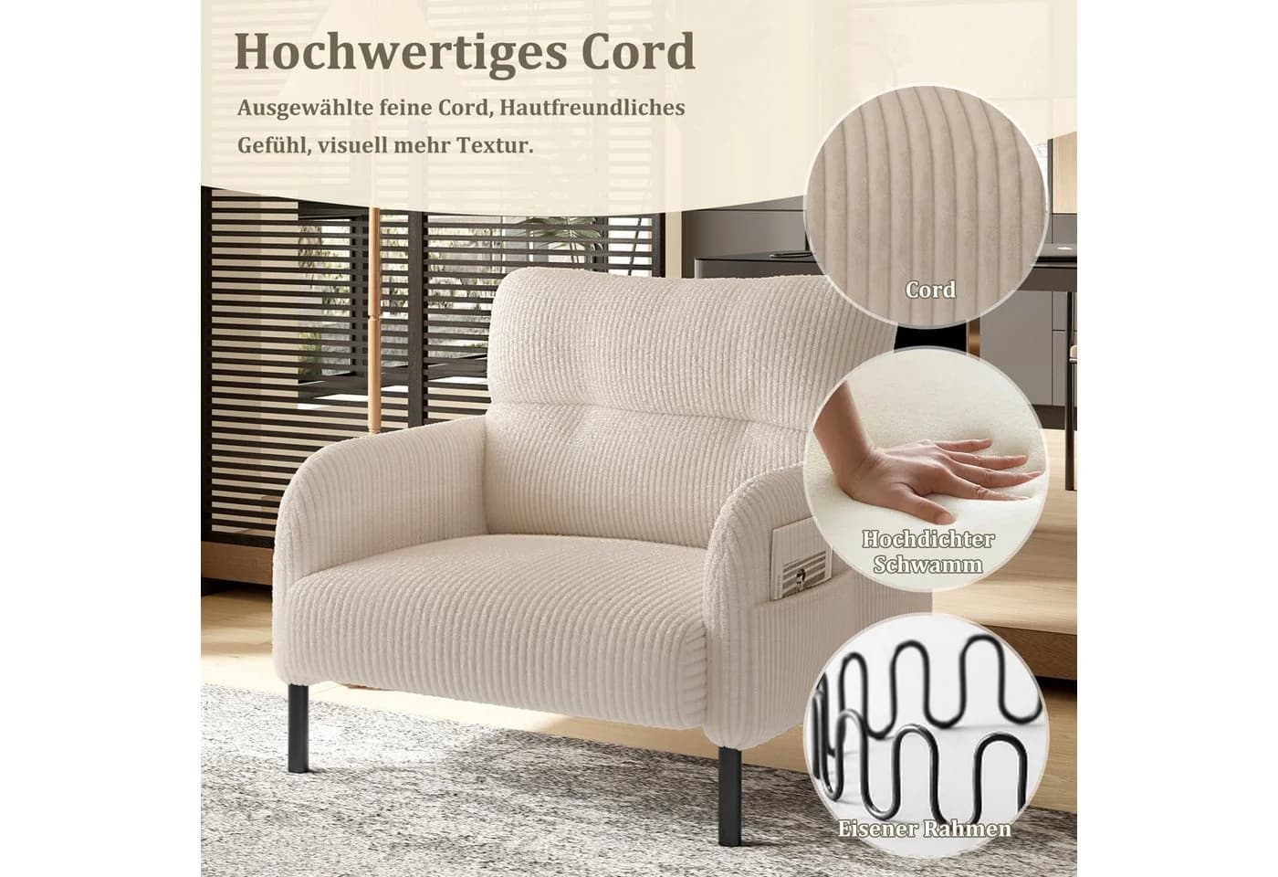 STILVORA Relaxsessel Cord Beige mit Seitentasche - Bild 4