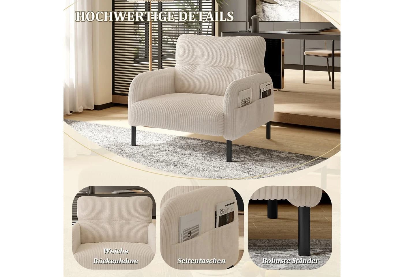 STILVORA Relaxsessel Cord Beige mit Seitentasche - Bild 5