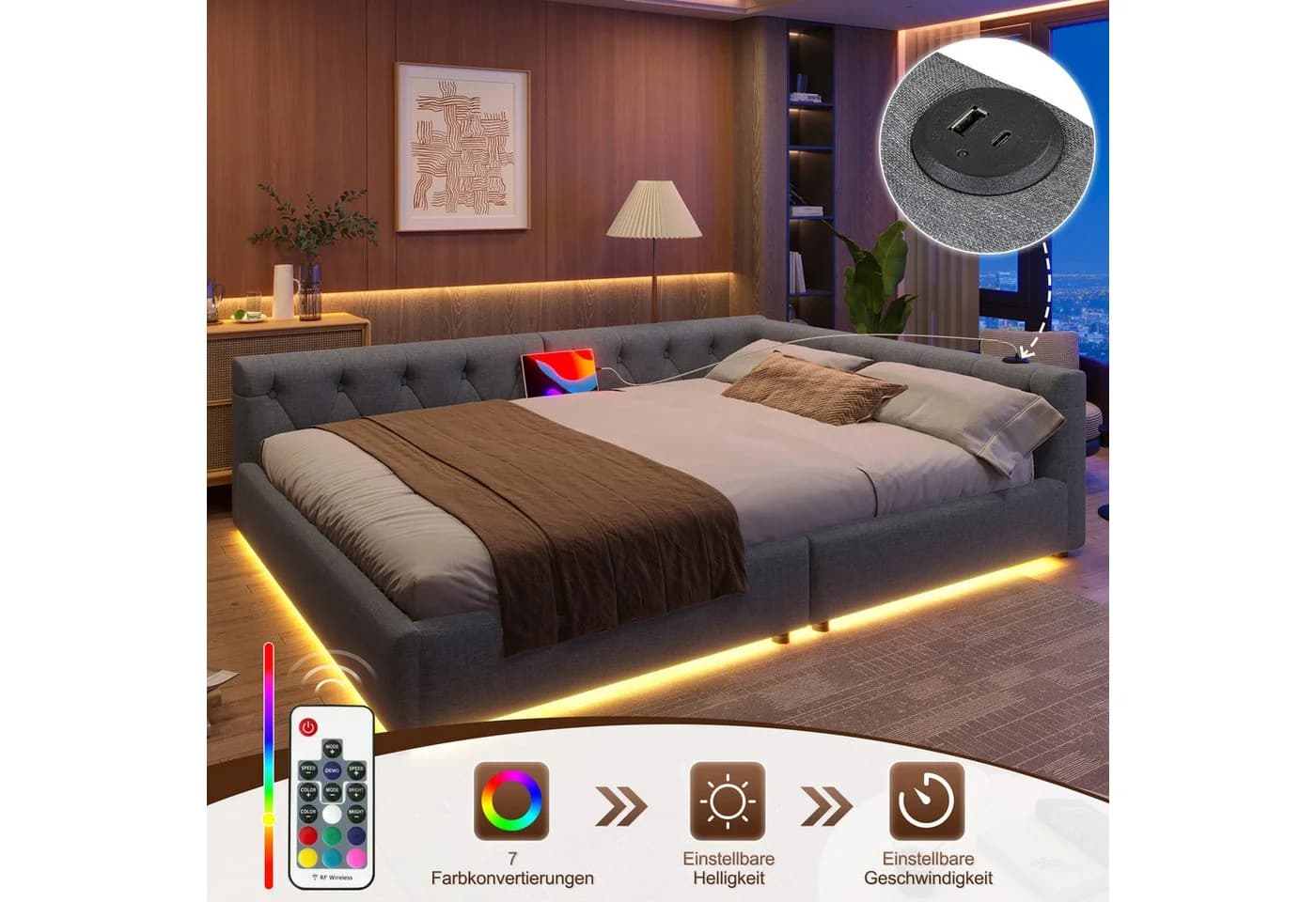 STILVORA Schlafsofa 140x200 mit LED-Licht Tagesbett USB Typ-C Leinen Grau