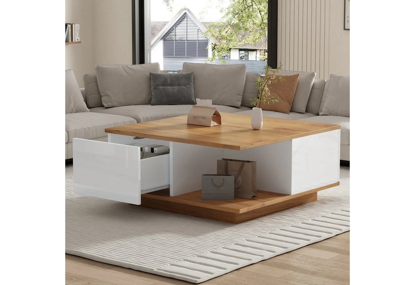 STILVORA Couchtisch mit 3 Schubladen, Weiß mit Holzoptik