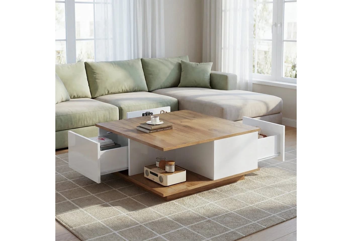 STILVORA Couchtisch mit 3 Schubladen, Weiß mit Holzoptik - Bild 2
