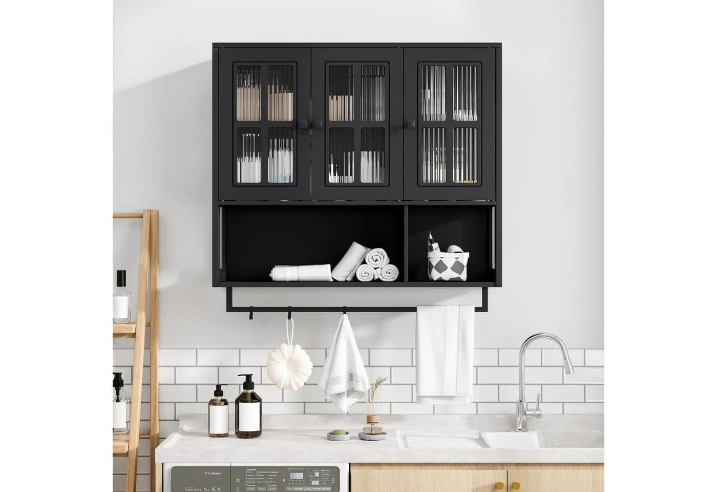 STILVORA Hängeschrank mit Glastür und Handtuchhalter, Wandschrank Badezimmerschrank mit Stauraum