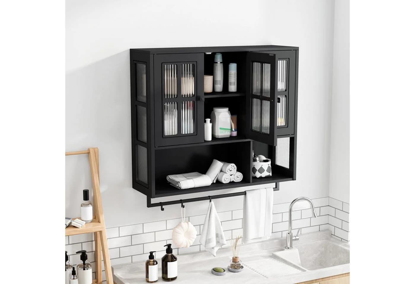 STILVORA Hängeschrank mit Glastür und Handtuchhalter, Wandschrank Badezimmerschrank mit Stauraum - Bild 3