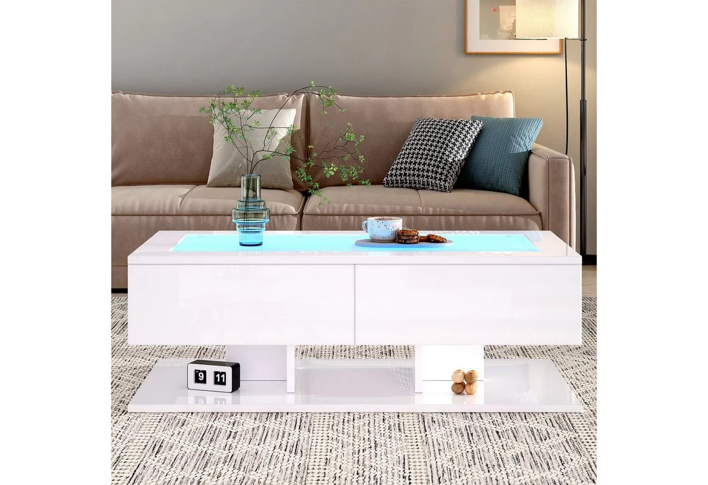 STILVORA Couchtisch mit Schubladen, LED-Beleuchtung, Glasplatte