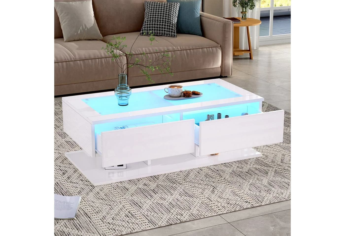 STILVORA Couchtisch mit Schubladen, LED-Beleuchtung, Glasplatte - Bild 2