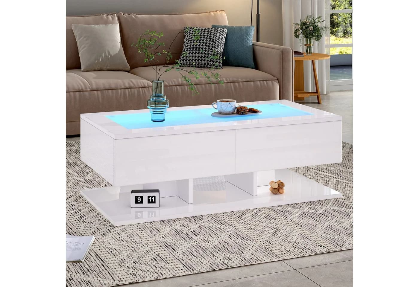 STILVORA Couchtisch mit Schubladen, LED-Beleuchtung, Glasplatte - Bild 3