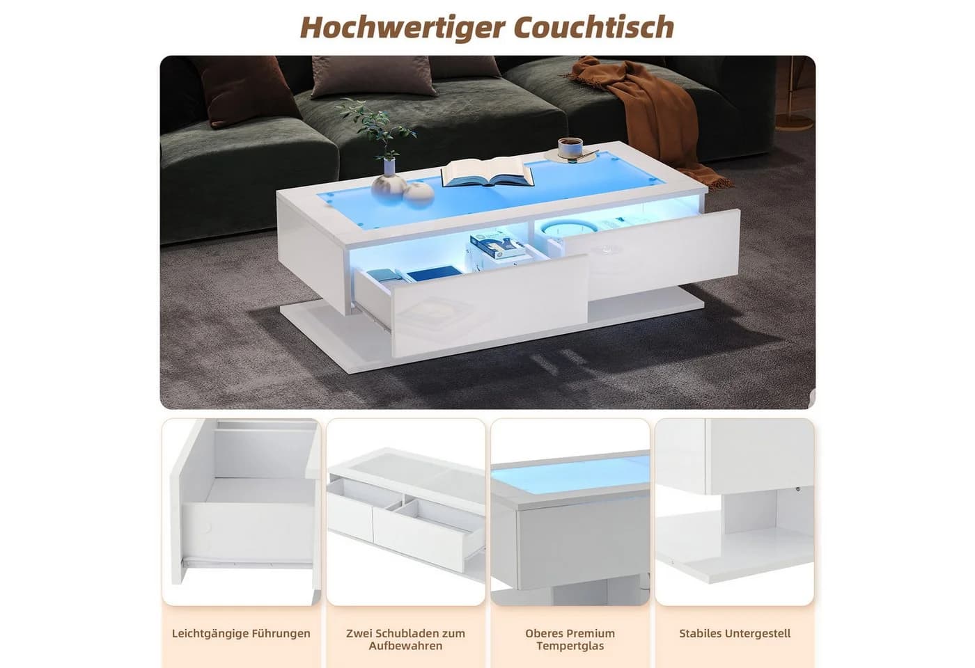STILVORA Couchtisch mit Schubladen, LED-Beleuchtung, Glasplatte - Bild 5