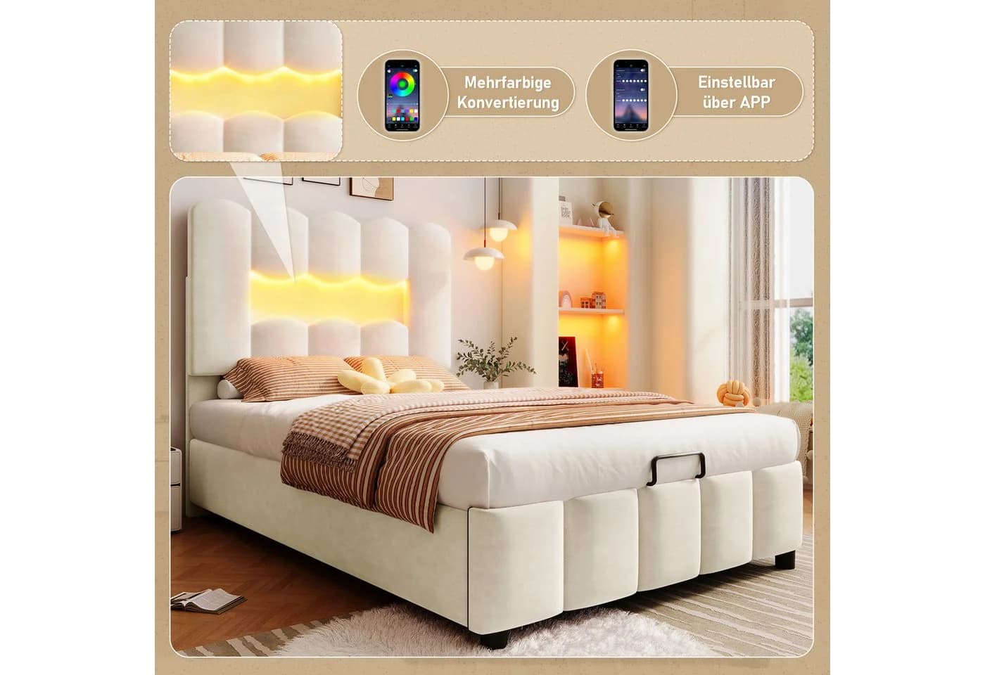 STILVORA Polsterbett 90x200 cm LED-Licht Kinderbett Samt - Bild 4
