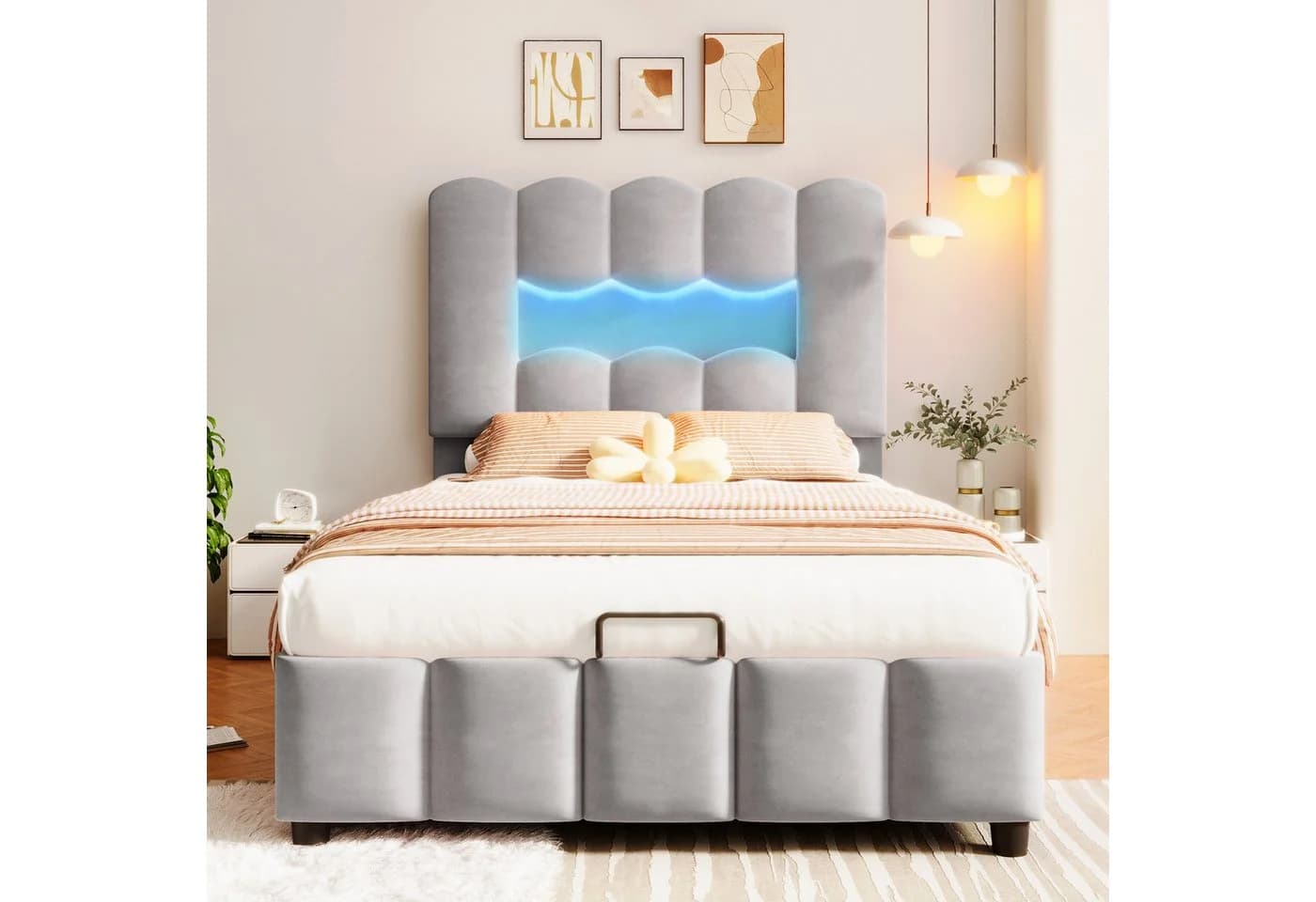 STILVORA Polsterbett 90x200 mit LED-Licht und Bettkasten