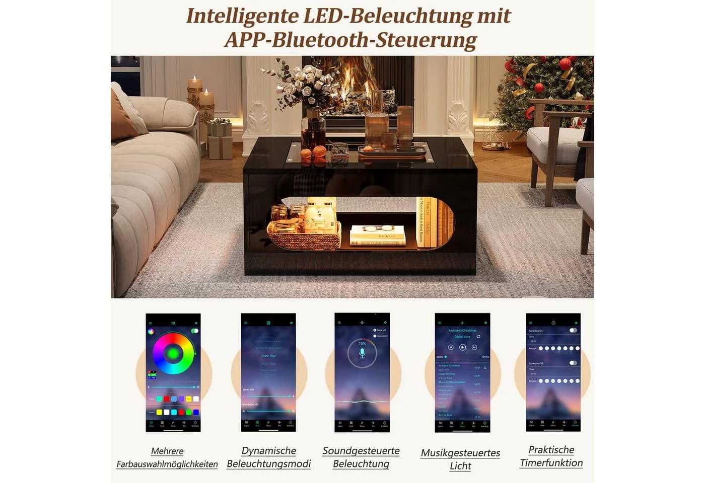 STILVORA Couchtisch mit LED-Beleuchtung und Glasplatte Schwarz - Bild 4