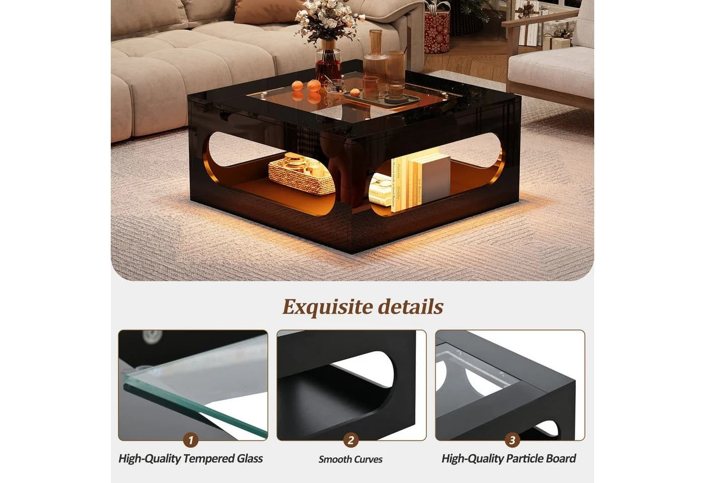 STILVORA Couchtisch mit LED-Beleuchtung und Glasplatte Schwarz - Bild 5
