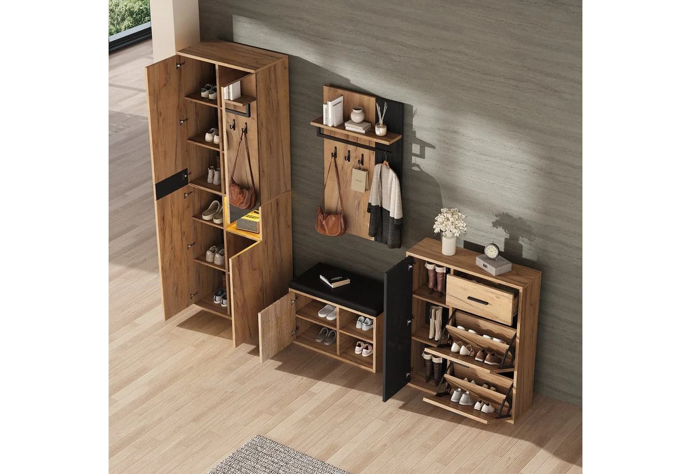 STILVORA Garderoben-Set mit Sitzbank, 4er-Set Wandgarderobe mit Schuhschrank