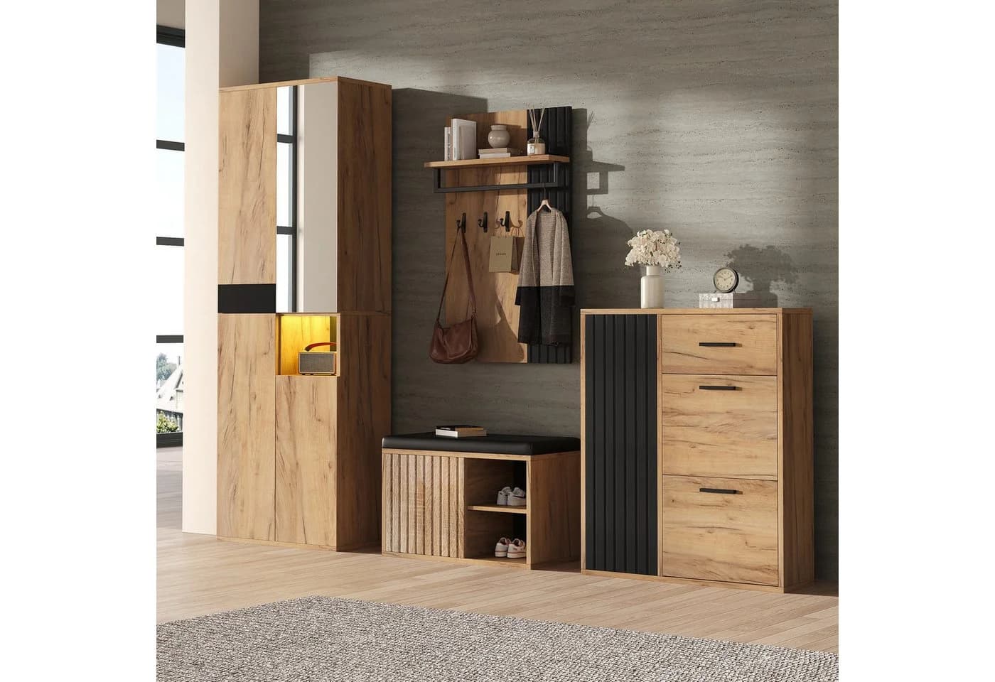 STILVORA Garderoben-Set mit Sitzbank, 4er-Set Wandgarderobe mit Schuhschrank - Bild 2