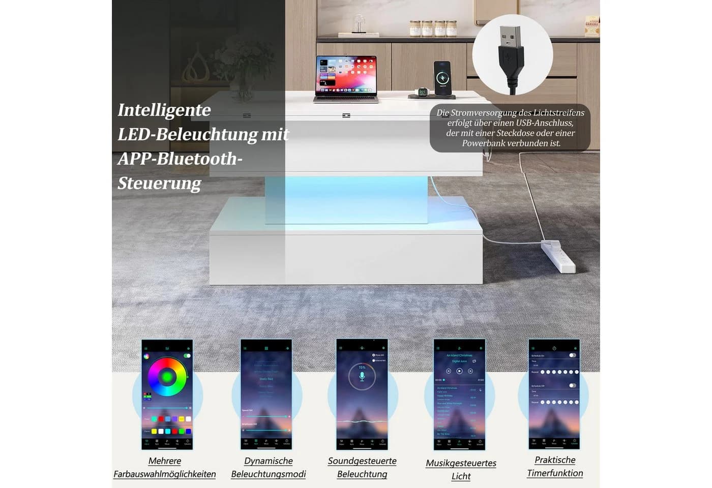 STILVORA Couchtisch mit Steckdose, LED-Licht, USB-C und USB-Ladebuchse - Bild 4