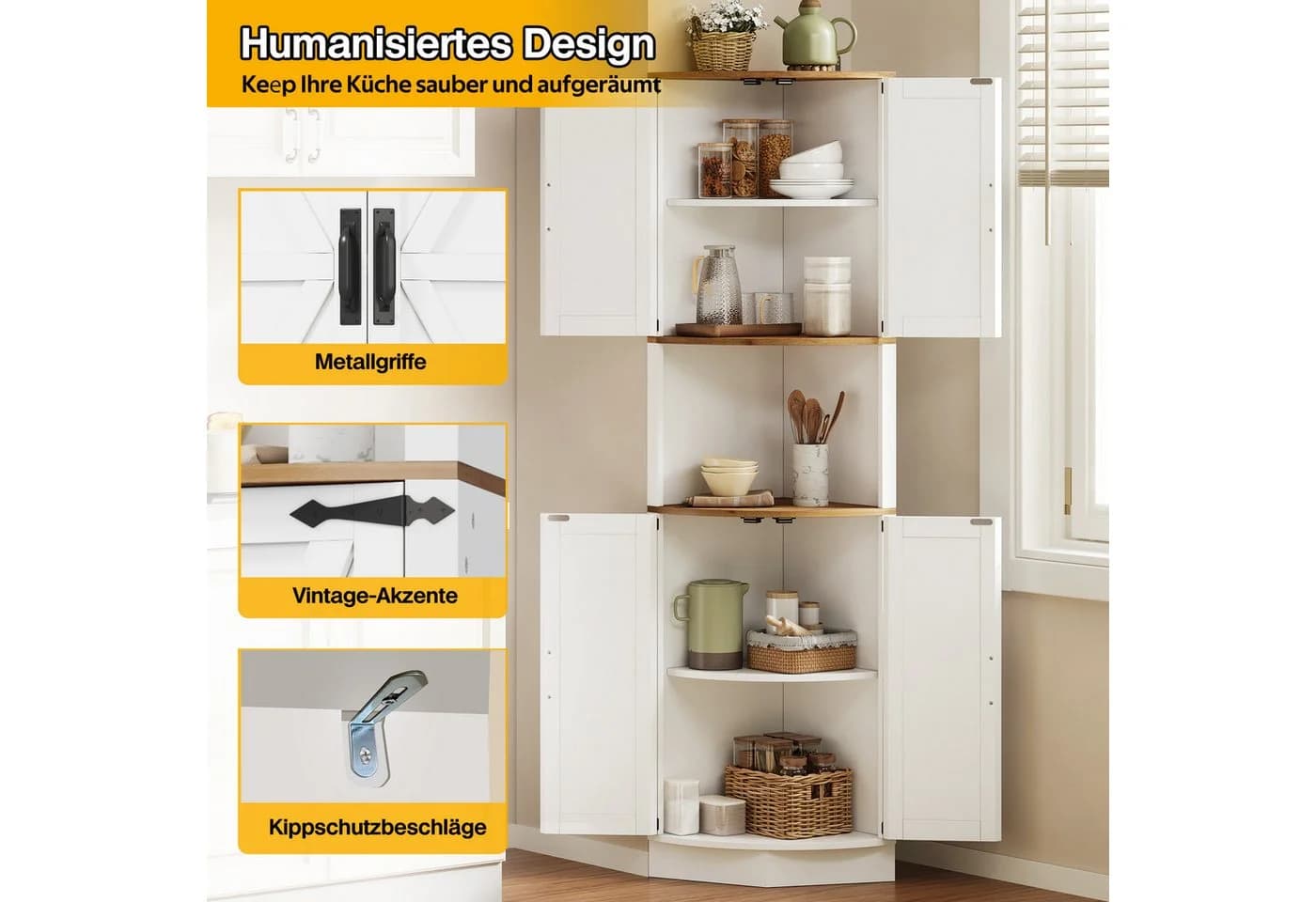 STILVORA Eckschrank mit Metallgriffen, weiß, 5 Staufächer, rustikaler Stil - Bild 5