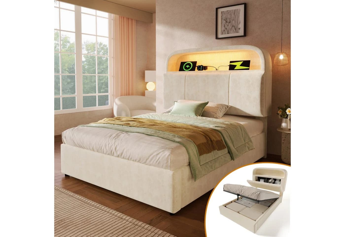 STILVORA Polsterbett 90x200 mit Bettkasten, Stauraumbett Jugendbett mit LED & Ladestation - Bild 2