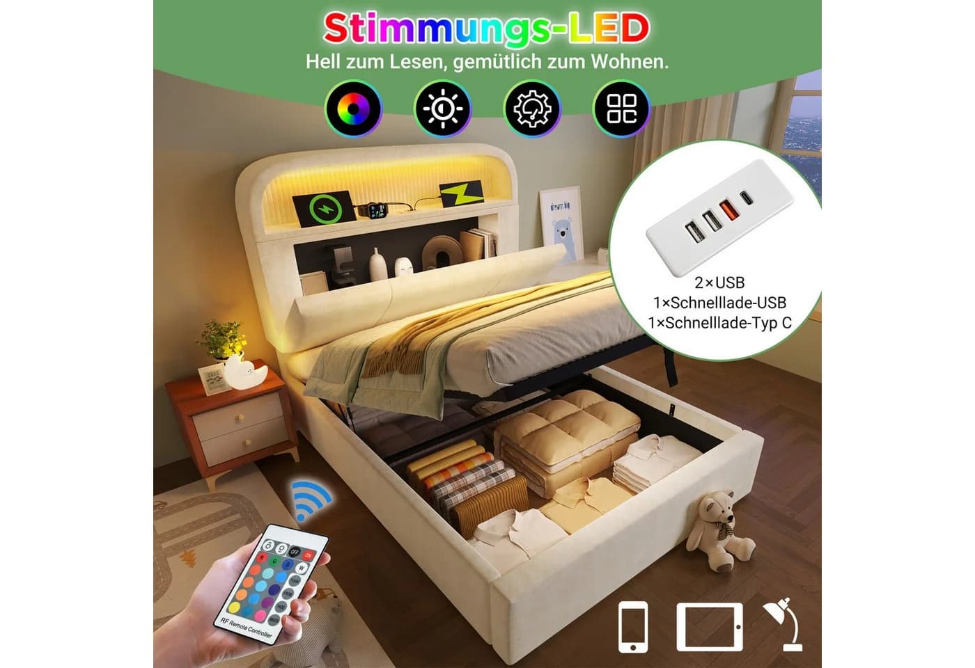 STILVORA Polsterbett 90x200 mit Bettkasten, Stauraumbett Jugendbett mit LED & Ladestation - Bild 4